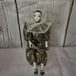 Vintage Royal Heirloom 10" Porcelain Jester Periott Doll Gold Costume